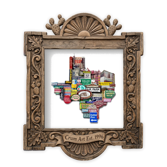 Texas Shaped Photomontage — Dallas art print by Carl Crum in a square carved wood frame