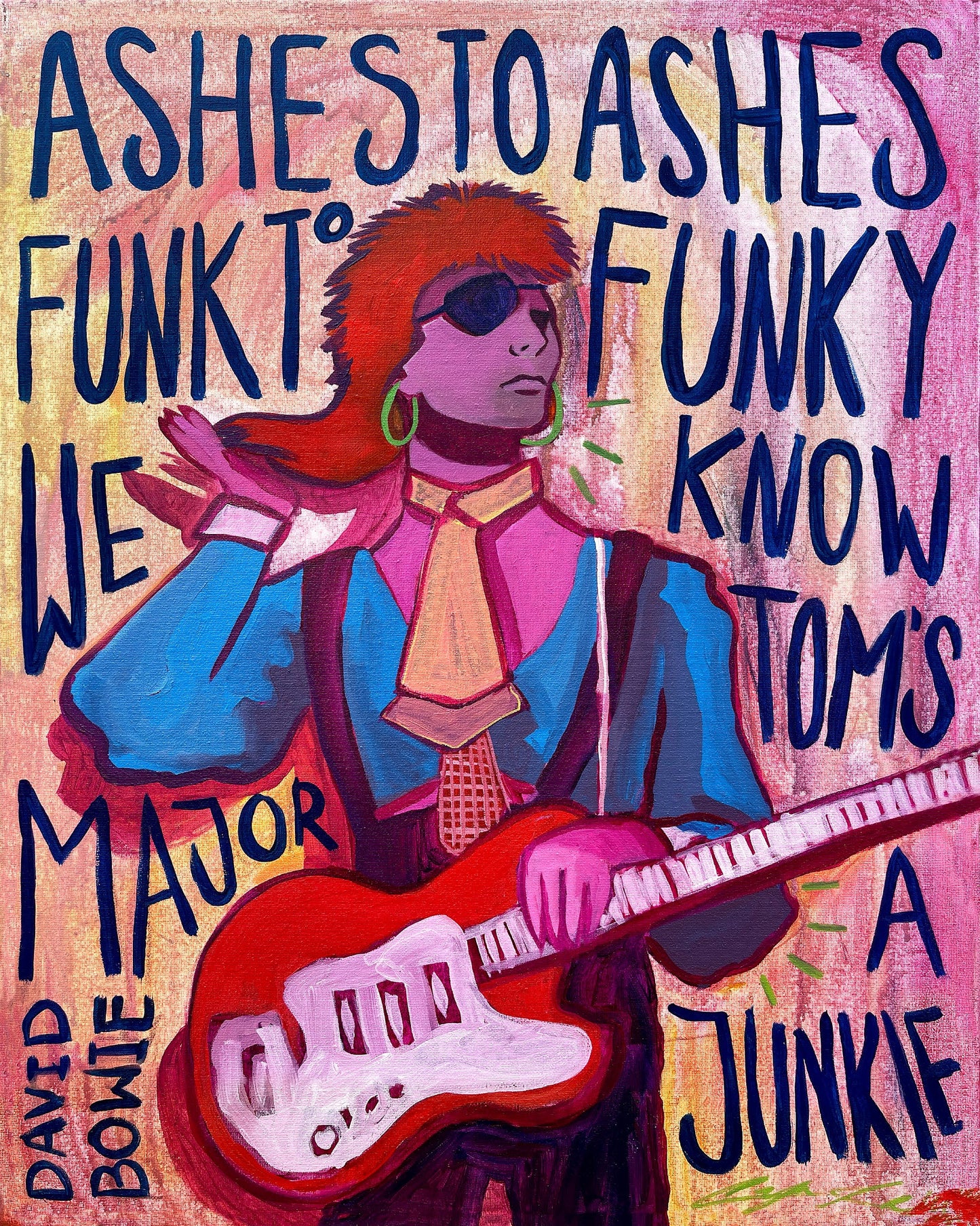 Electric pink David Bowie fan art with Ashes to Ashes lyric text by Caya Crum