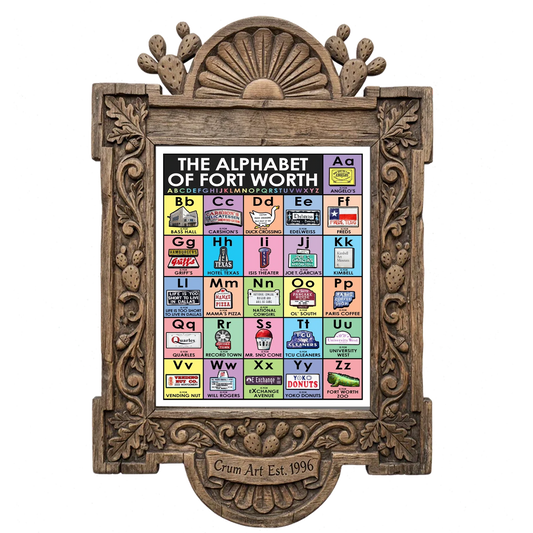 Alphabet Nursery Decor — Fort Worth art print by Betsy Crum in a carved wood frame