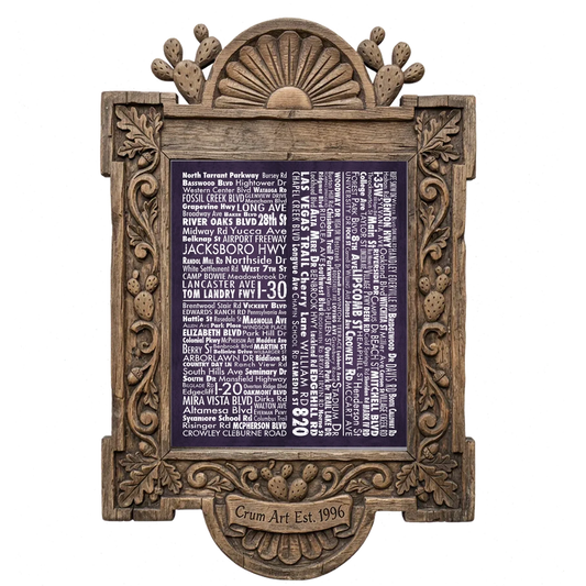 Street Names Map — Fort Worth art print by Carl Crum in a carved wood frame