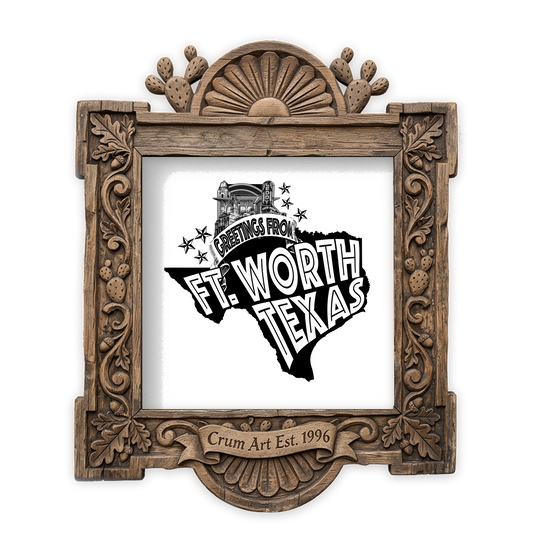 Greetings From Fort Worth — Fort Worth art print by Carl Crum in a square carved wood frame