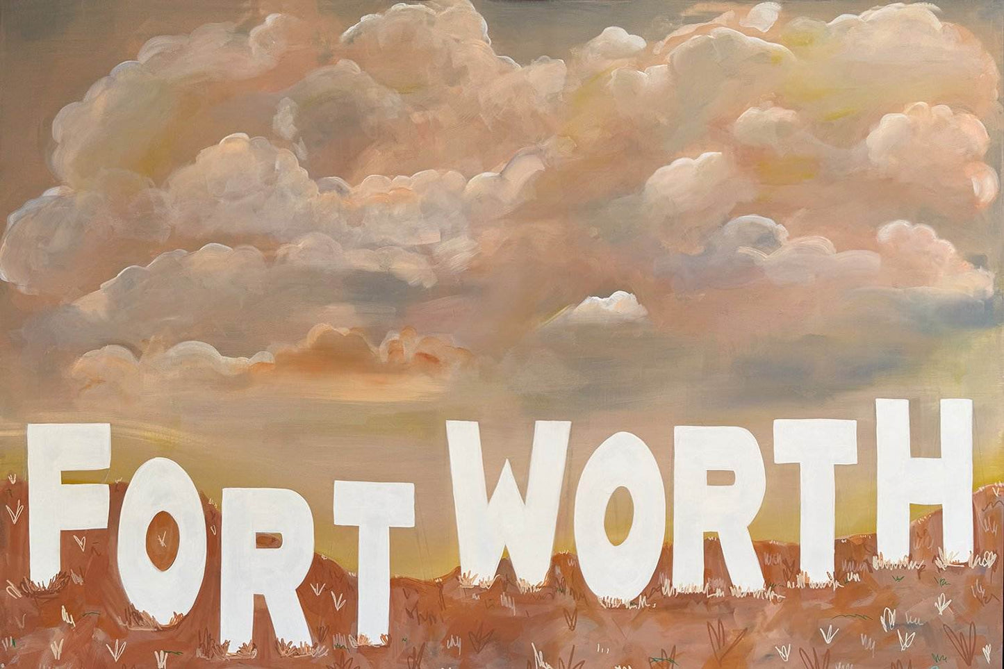 Fort Worth Texas Hollywood sign art print with cloudy sky backdrop and desert landscape