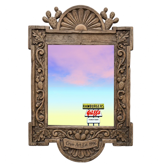 Griff's Hamburgers Sign — Texas roadside art print by Betsy Crum in a carved wood frame