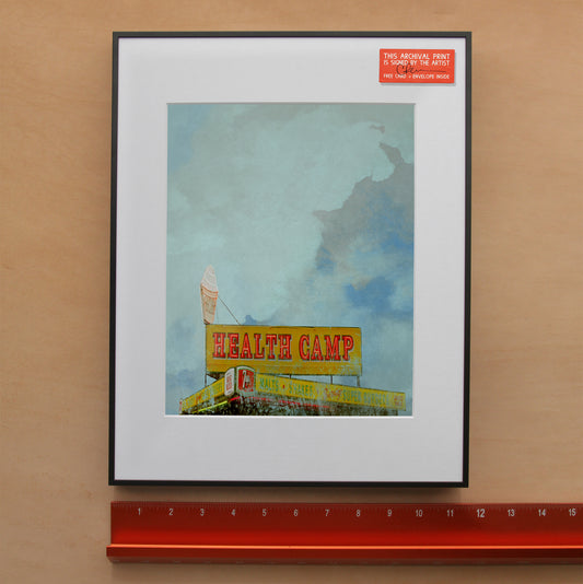 Health Camp sign print by Betsy Crum, Waco burger stand under a big Texas sky