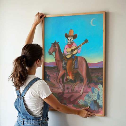 Skeleton Highwayman western art print by Caya Crum — framed vertical room scene