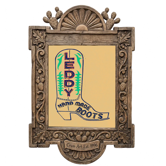 Leddy Boot Beige — cowboy boot art print by Betsy Crum in a carved wood frame