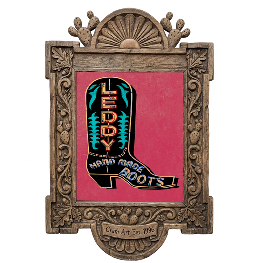 Leddy Boot Black & Pink — cowboy boot art print by Betsy Crum in a carved wood frame
