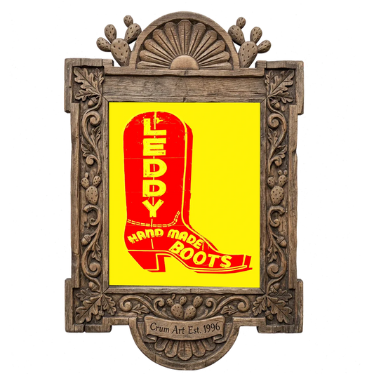 Leddy Boot Red & Yellow — cowboy boot art print by Betsy Crum in a carved wood frame