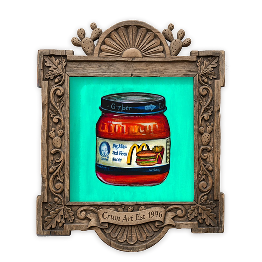 Gerber Big Mac — weirdcore art print by Caya Crum in a square carved wood frame