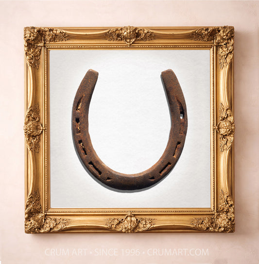Lucky Horseshoe on White print by Carl Crum in a square gold frame, 24x24