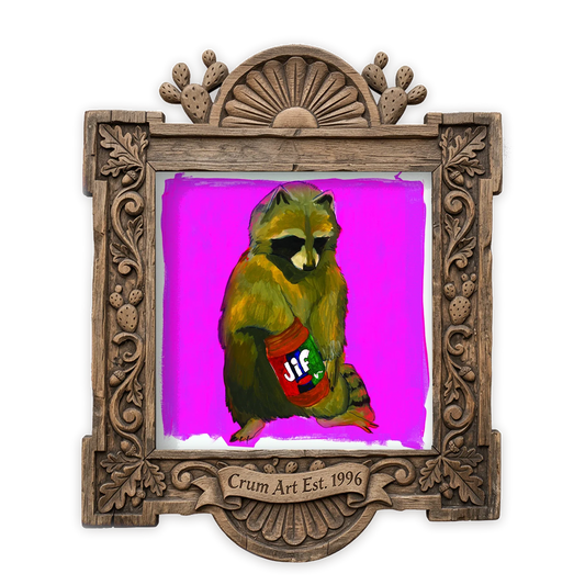 Jiff Raccoon — weirdcore art print by Caya Crum in a square carved wood frame