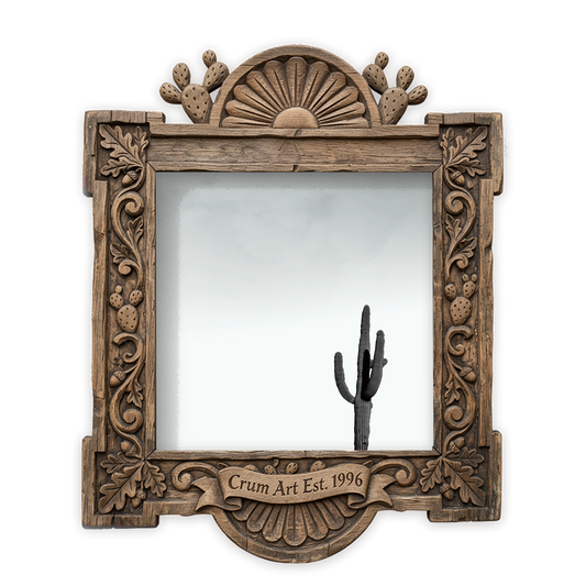 Lone Saguaro Black & White — cactus art print by Betsy Crum in a square carved wood frame