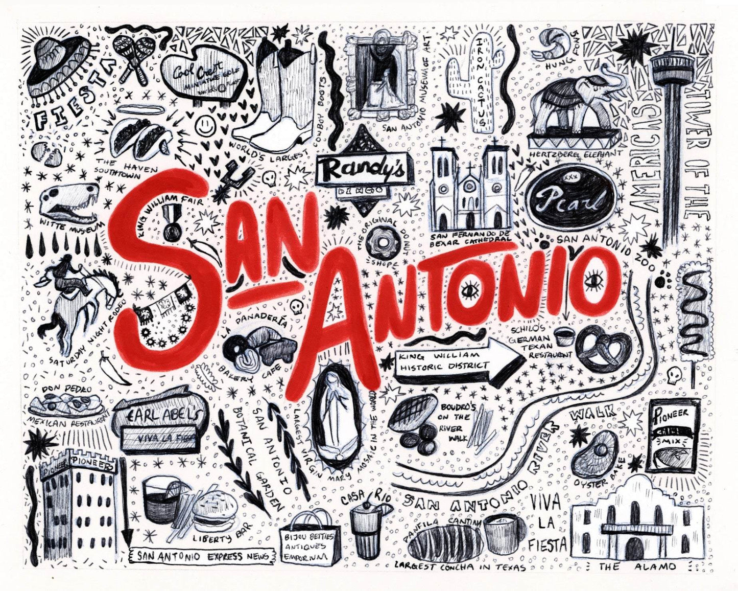 San Antonio Icons pen and ink illustration featuring famous landmarks and signs of San Antonio with bold red lettering.