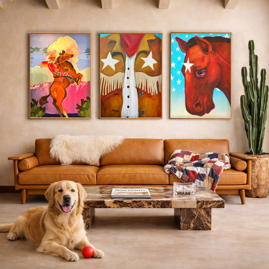 Cowboy Stars set of 3 western art prints by Caya Crum shown framed in a living room