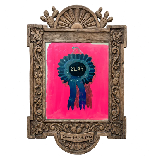 Slay Ribbon — funny art print by Caya Crum in a carved wood frame
