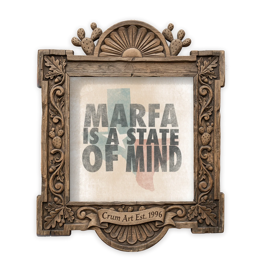 Marfa State of Mind — Marfa art print by Betsy Crum in a square carved wood frame