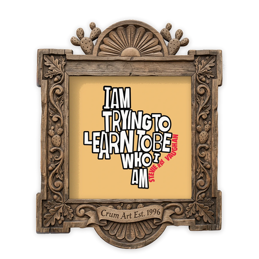 Stevie Ray Vaughan Quote — music wall art print by Betsy Crum in a square carved wood frame