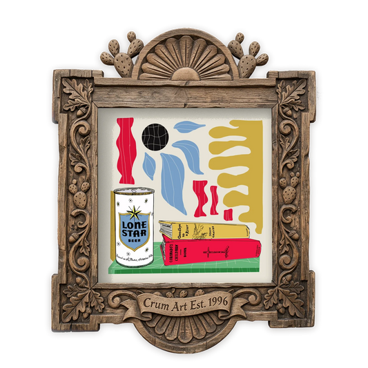 Texas Art | Lone Star Beer and Books | Colorful Wall Art | Betsy Crum — art print in a carved wood frame, Crum Art