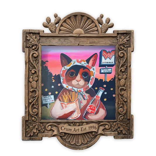 Cataburger — cat art print by Caya Crum in a square carved wood frame