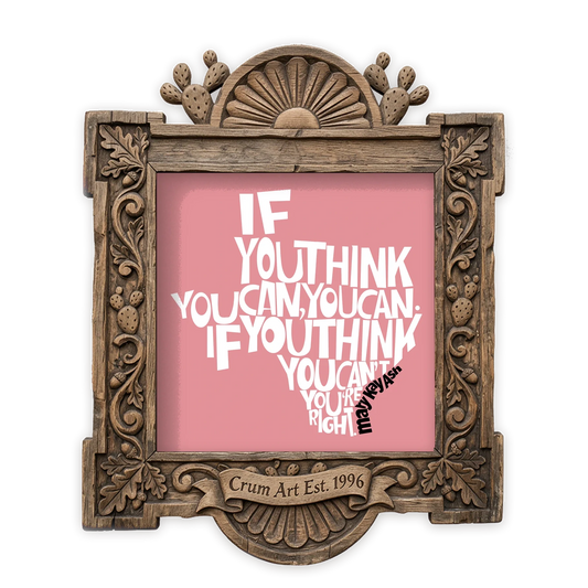 Mary Kay Quote in Pink — Texas art print by Betsy Crum in a square carved wood frame