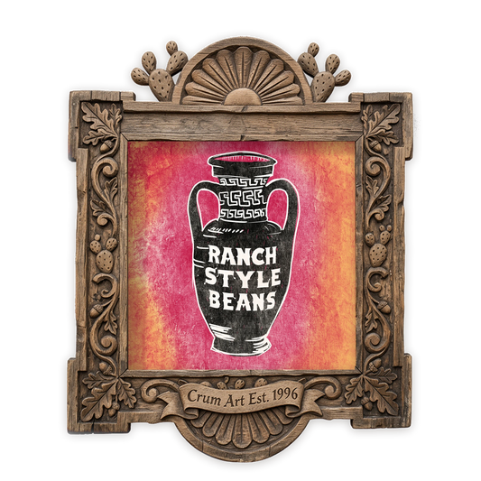 Ranch Style Beans Amphora, Pink & Orange — kitchen art print by Betsy Crum in a square carved wood frame