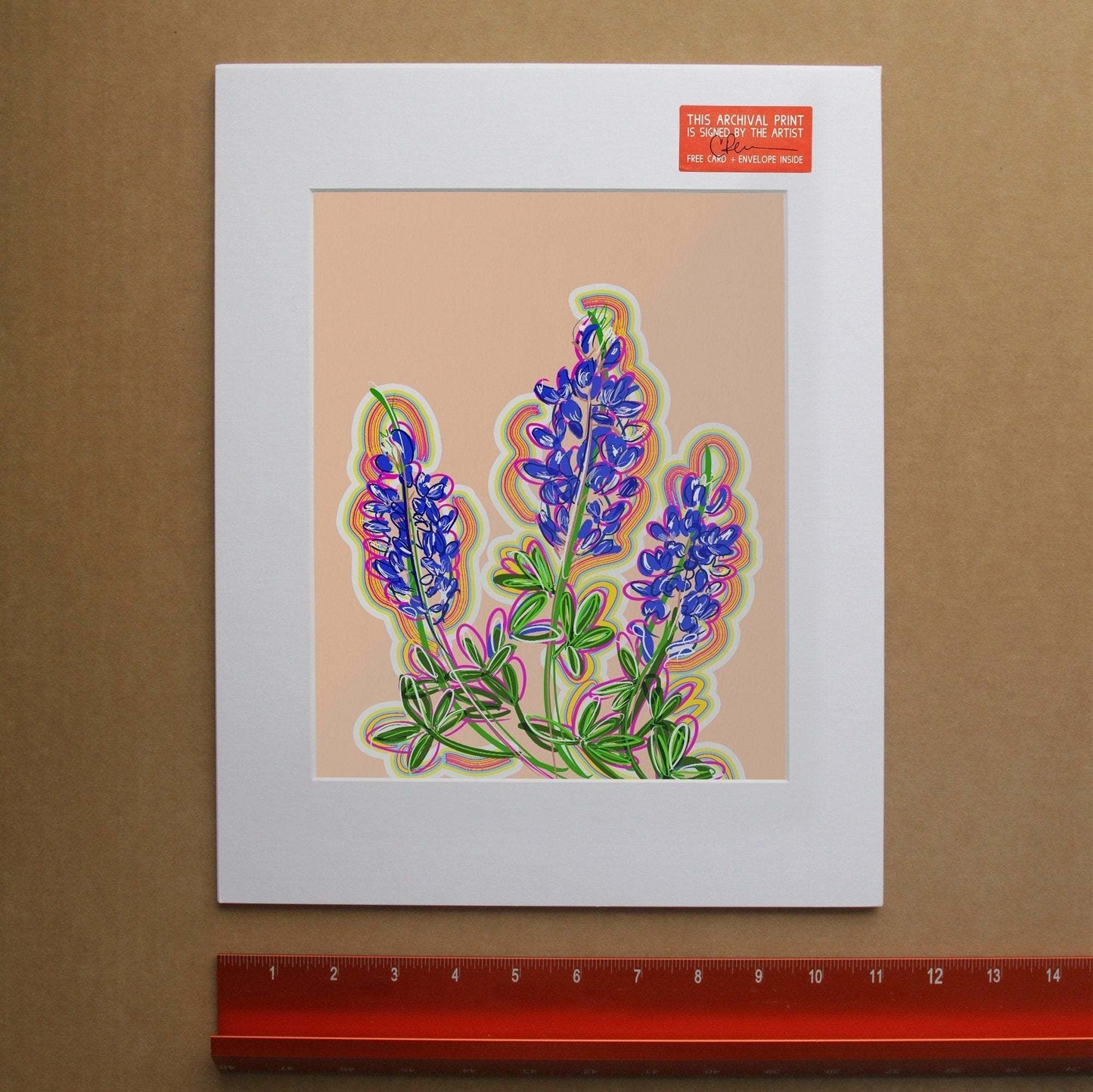 Texas Bluebonnet Painting vibrant art print by Betsy Crum with colorful outlines on beige background