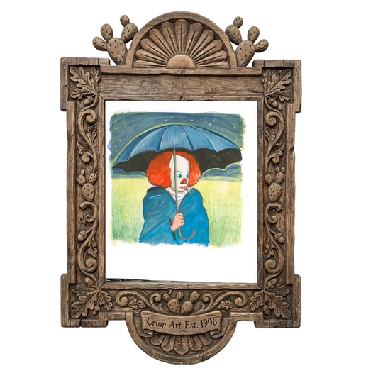 Tim Curry as Pennywise — unsettling icons print by Caya Crum in a carved wood frame
