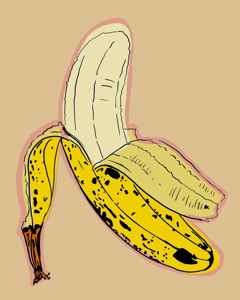 Warhol Banana Print of a peeled banana in Andy Warhol inspired pop art style on beige background