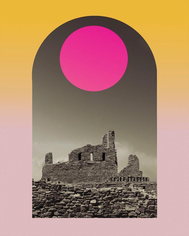 Abo New Mexico art print by Betsy Crum featuring historic mission ruins with a vibrant pink sun on a gradient background