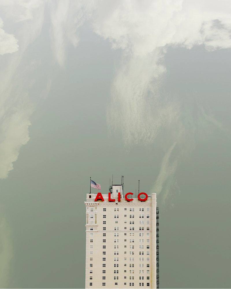 Alico Building Waco Texas with American flag and cloudy sky background art print