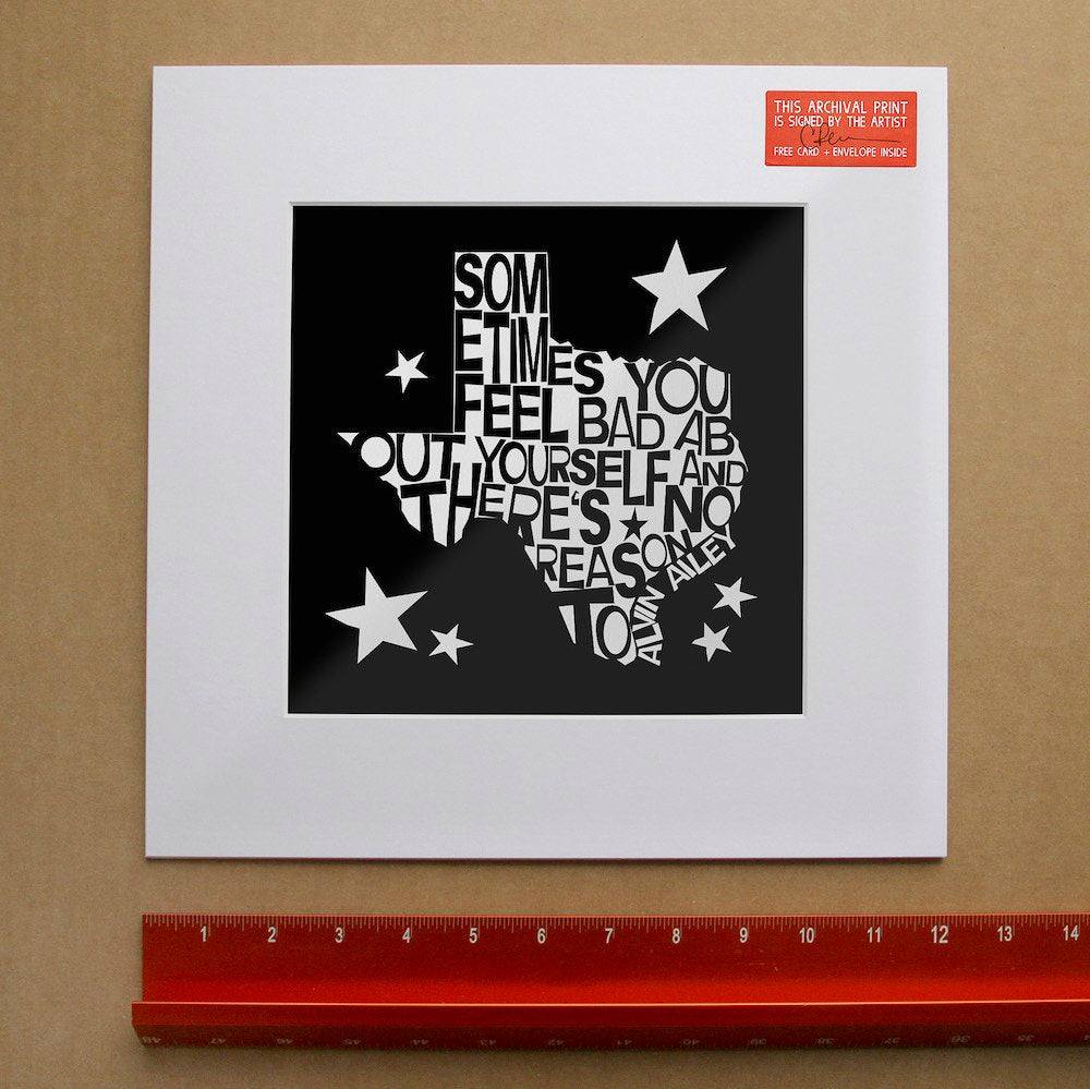 Alvin Ailey Quote art print shaped like Texas with inspirational text and stars, signed by artist Betsy Crum