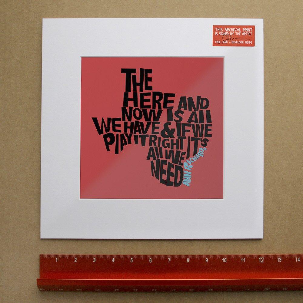 Ann Richards quote print on red background with matted frame.