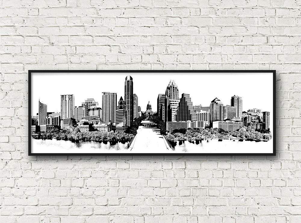 Austin Skyline Black and White Print by Carl Crum, modern Texas wall art on cotton rag paper, archival giclée fine art.