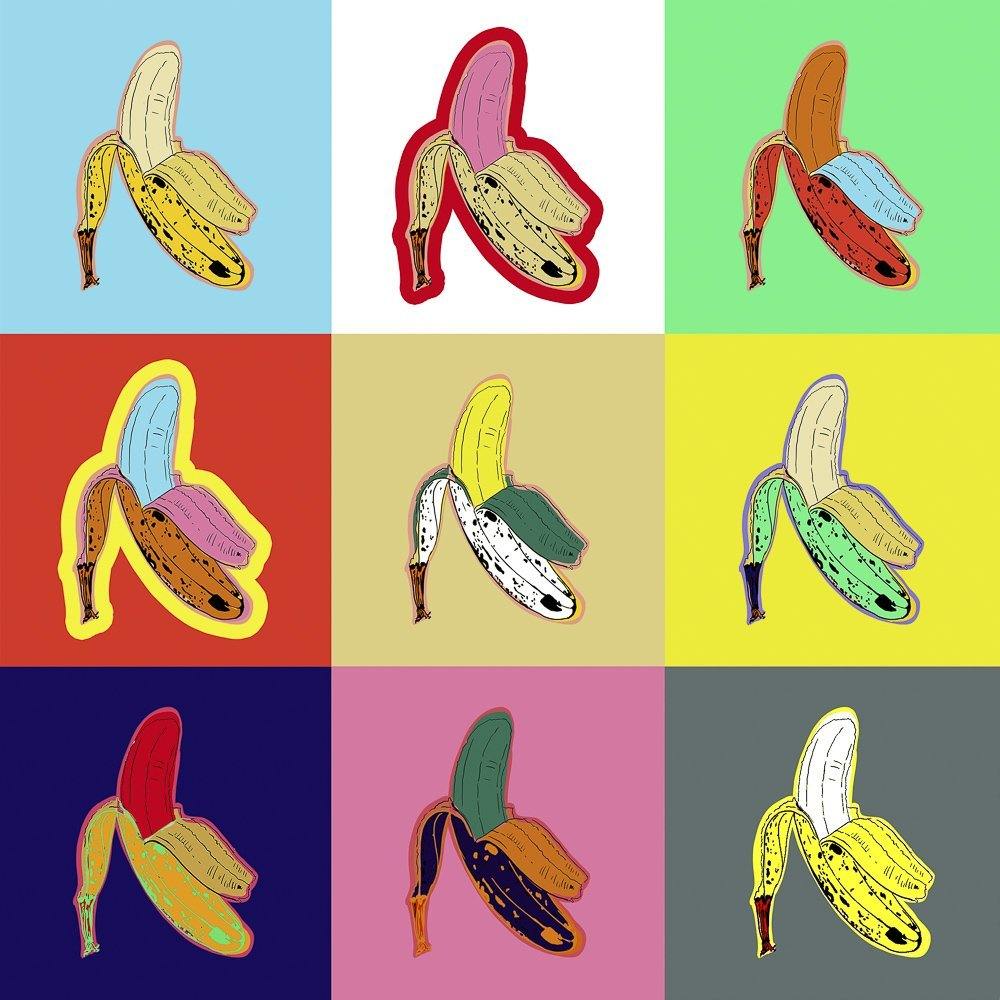 Bananas Warhol Style art print by Betsy Crum featuring colorful pop art banana illustrations in a 3x3 grid, fine art giclée on cotton rag paper