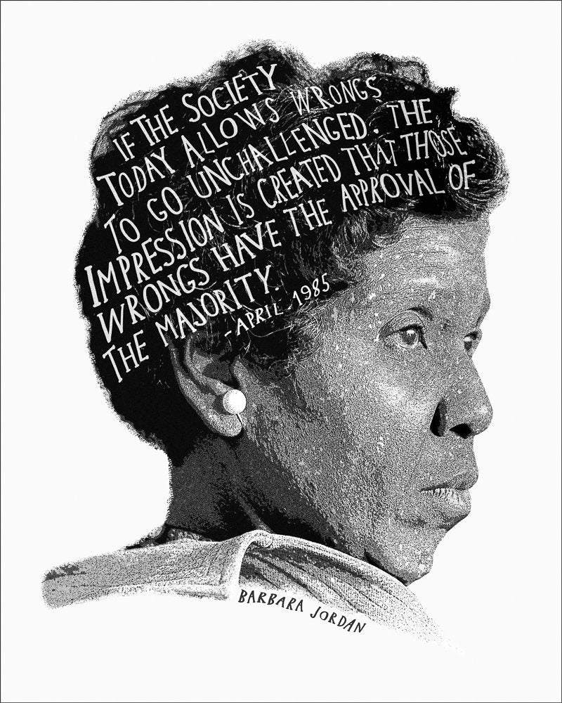Barbara Jordan profile illustration with quote about society allowing wrongs to go unchallenged, April 1985