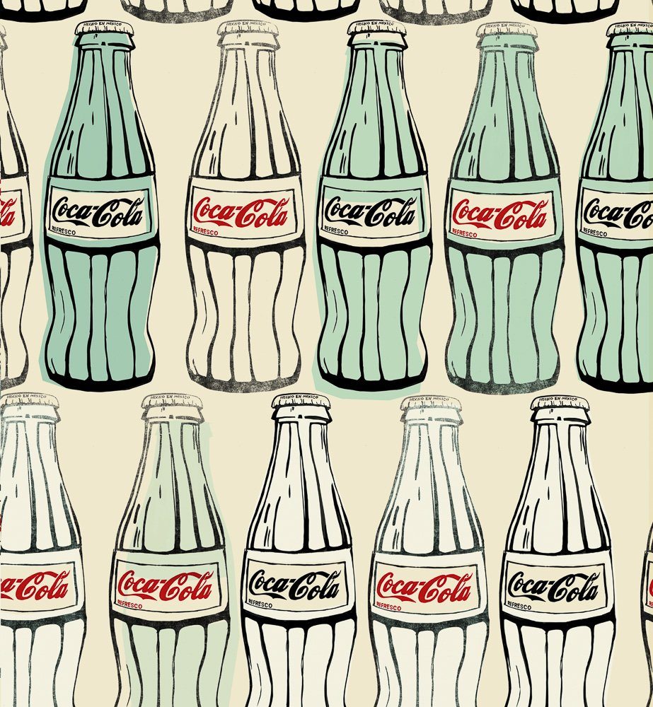 Seamless pattern of vintage Mexican Coke bottles in green and white with red and black Coca Cola labels on beige background