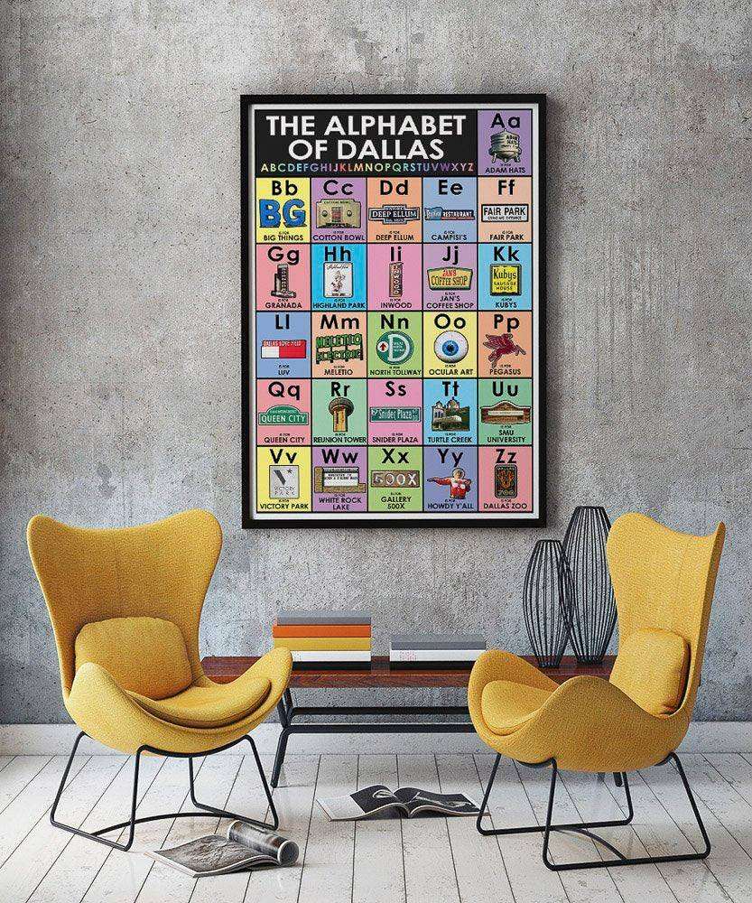 Dallas Texas Alphabet of Dallas art print by Crum Art displayed in modern room with yellow chairs