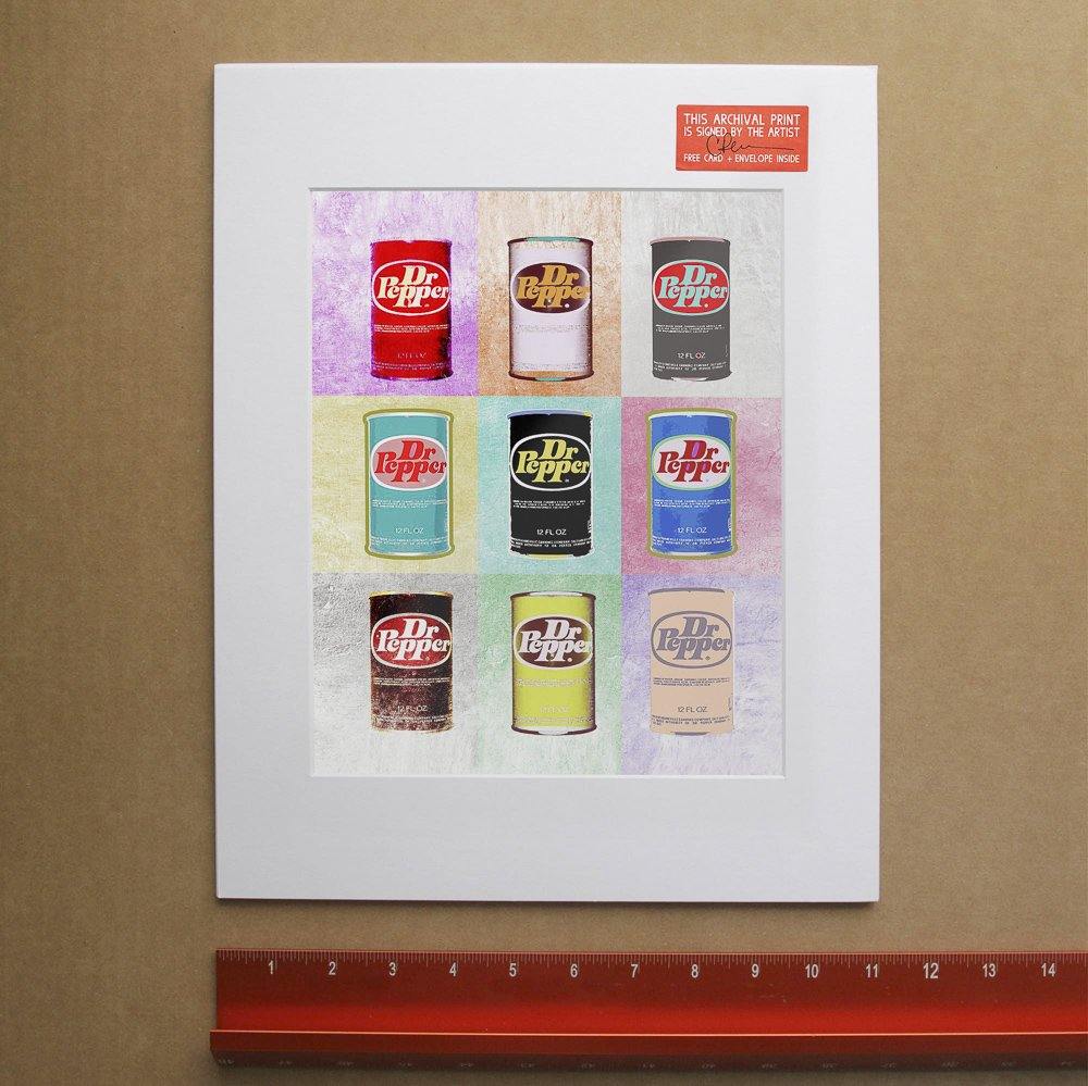 Dr. Pepper Warhol Style print featuring nine colorful Dr. Pepper cans on acid-free cotton paper