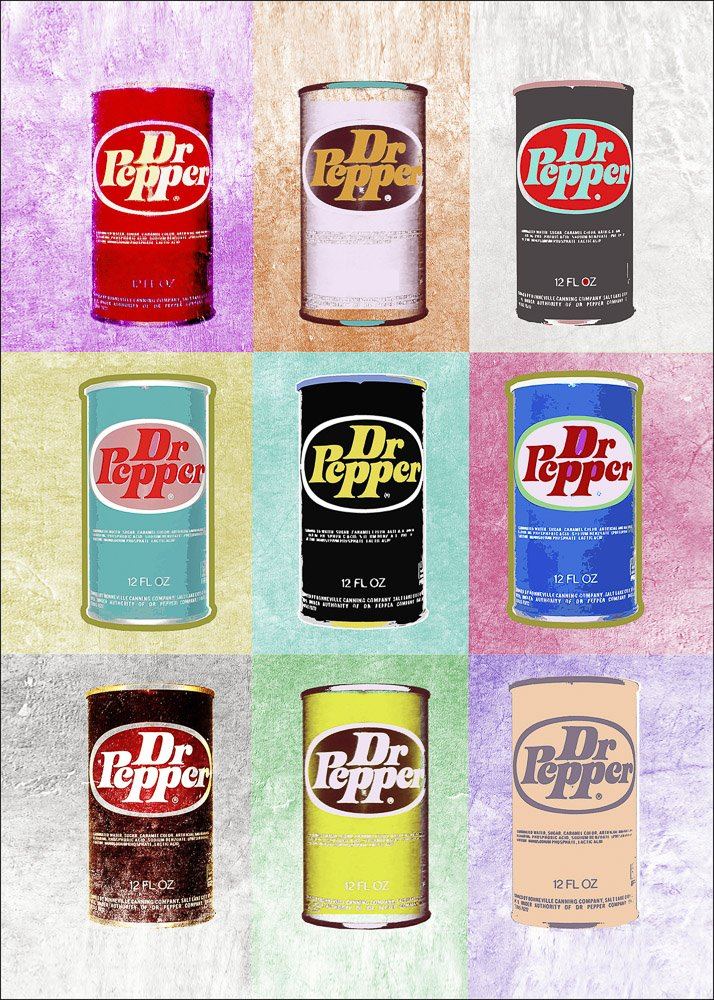 Dr. Pepper Warhol Style print featuring nine colorful cans in pop art design on acid-free cotton paper