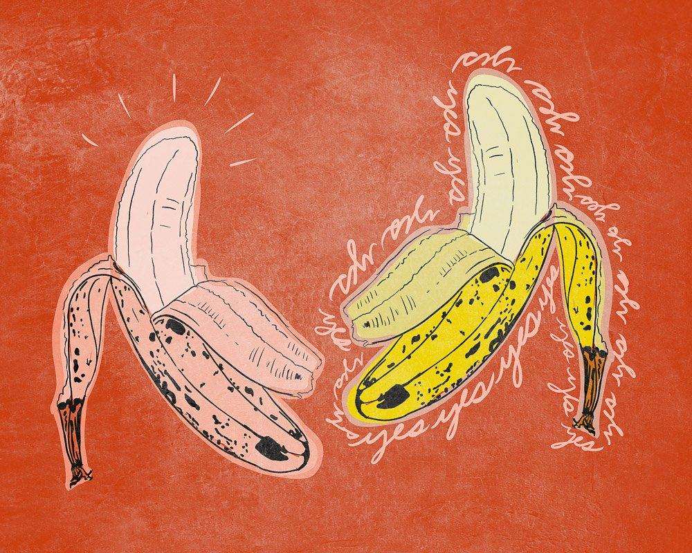 Two happy bananas colorful modern art print on orange background by Betsy Crum