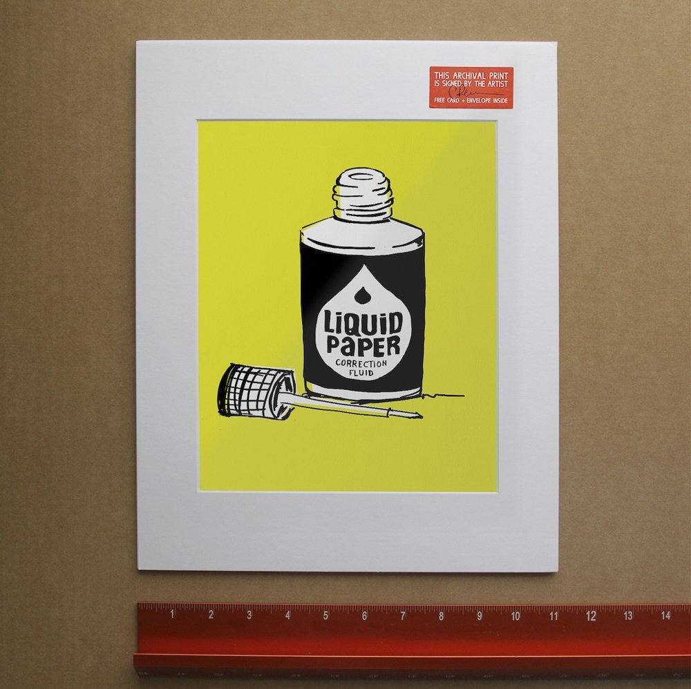 Museum print of Liquid Paper correction fluid bottle on yellow background, signed by artist, acid-free cotton paper