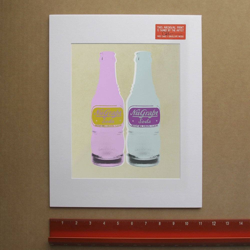 Vintage NuGrape Soda Bottles pop art print with pastel pink and light blue colors, matted and signed by artist.