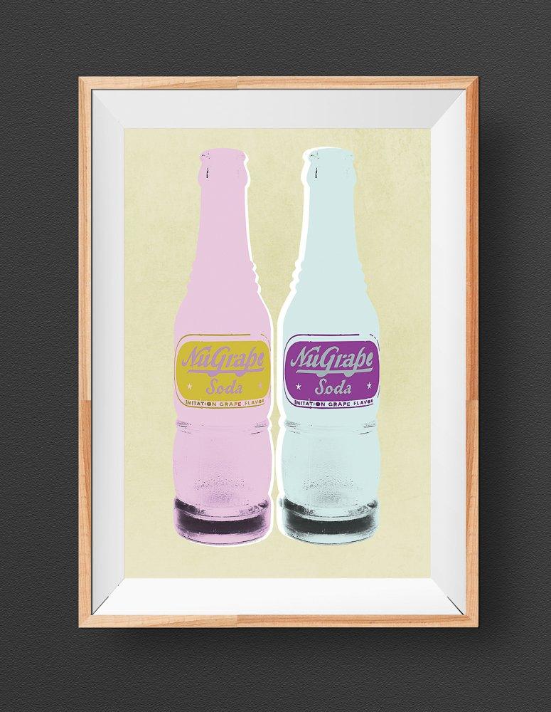 Framed pop art print of two vintage NuGrape Soda Bottles in pastel colors on beige background