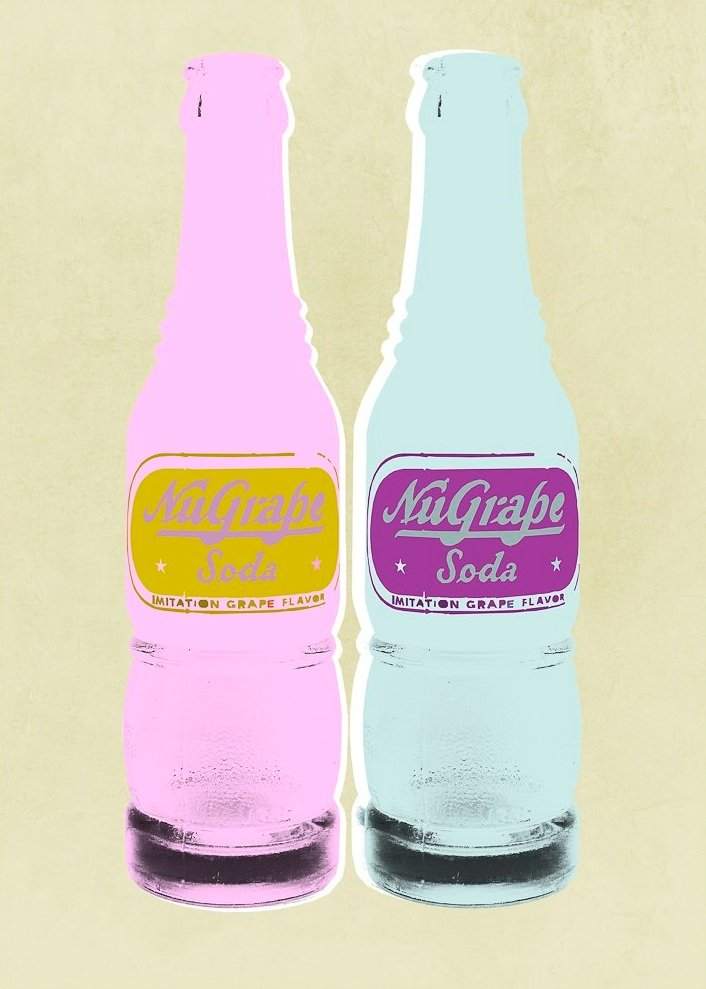 Pop art print of two NuGrape soda bottles in pastel pink and blue with vintage labels