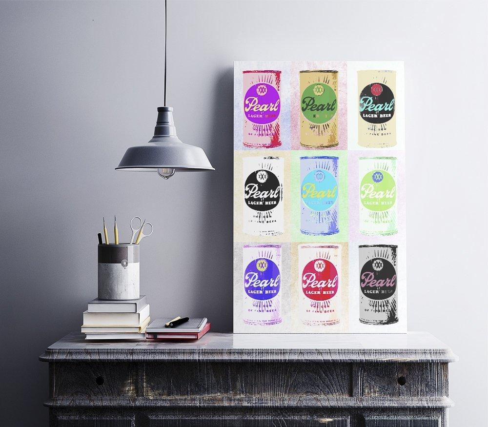 Pearl Beer Warhol vintage can art print by Betsy Crum displayed on wooden desk under hanging lamp