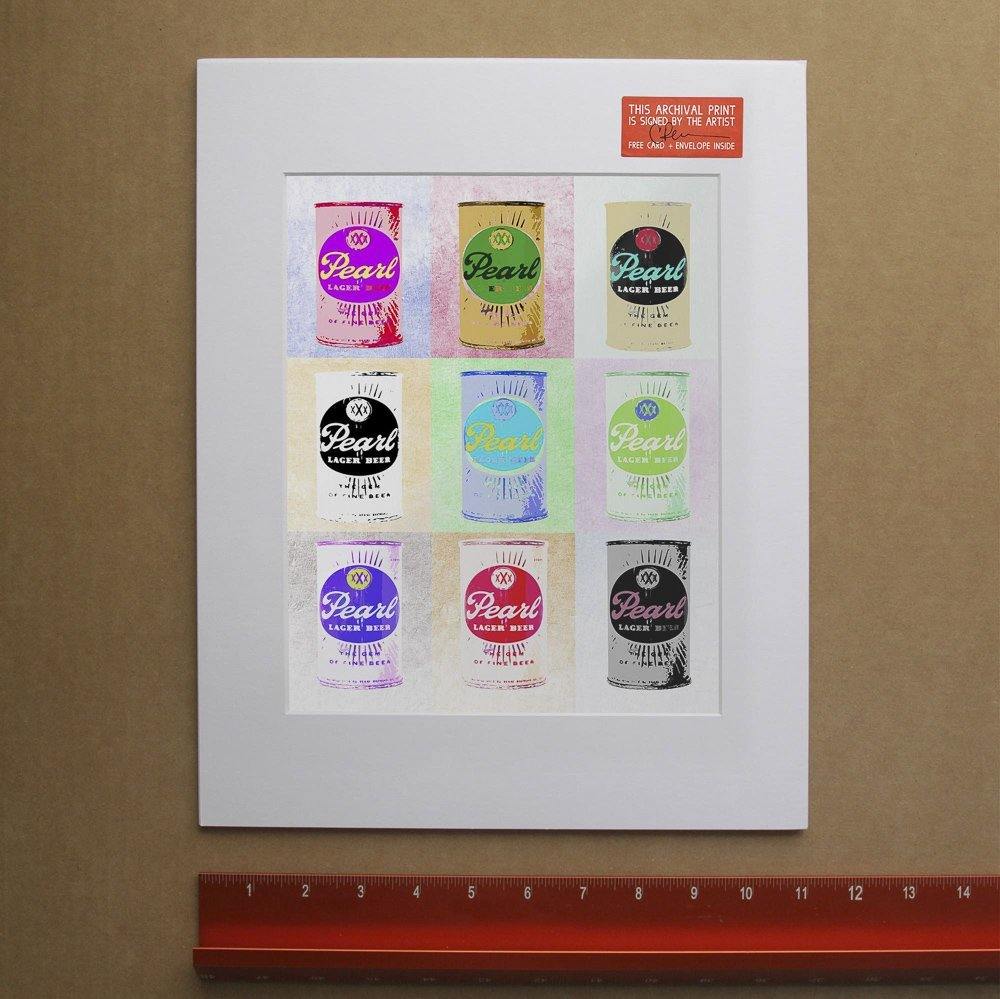 Pearl Beer Warhol print featuring vintage San Antonio Pearl Beer cans in nine colorful pop art squares by Betsy Crum