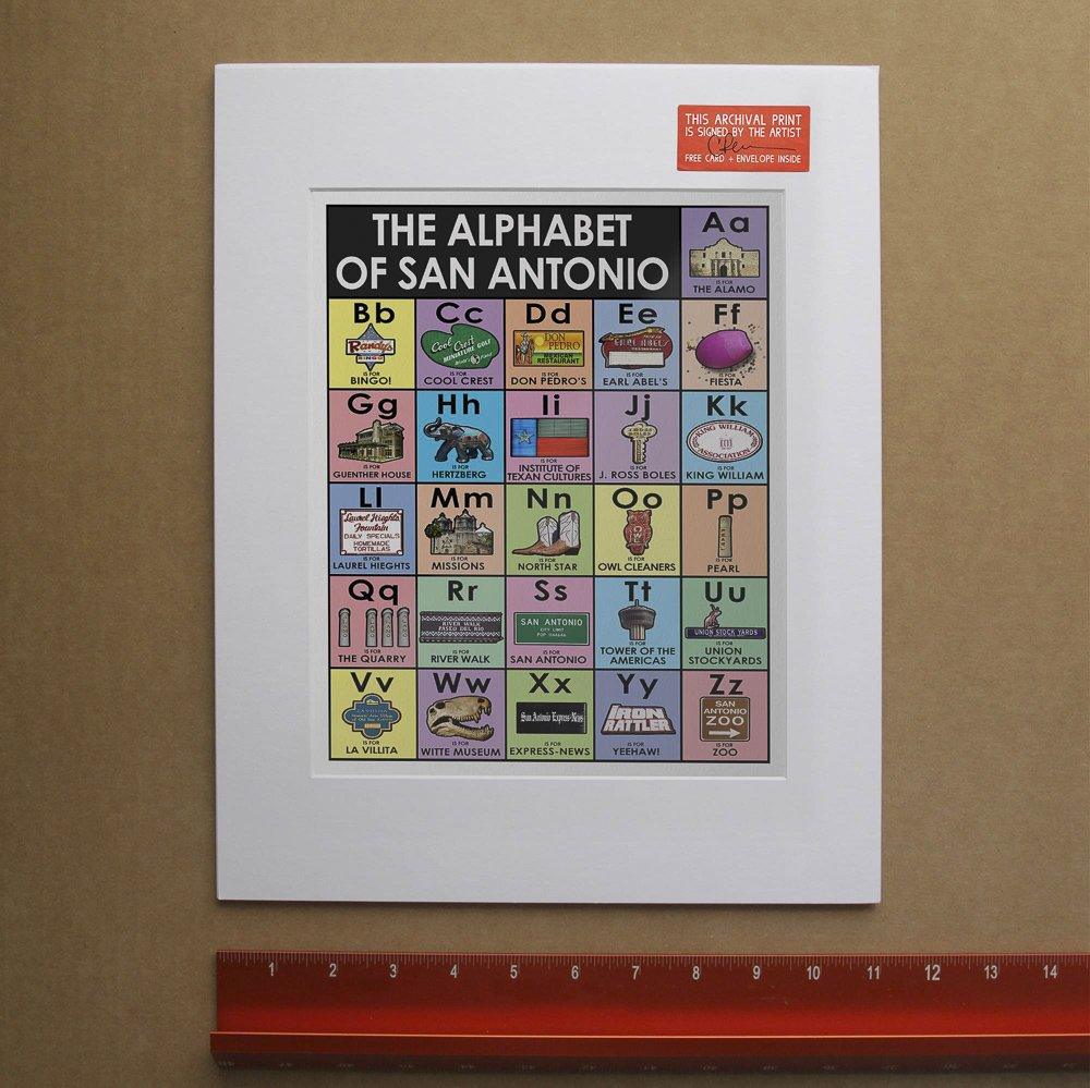 San Antonio Alphabet print featuring colorful illustrated icons representing San Antonio landmarks and signs by Betsy Crum
