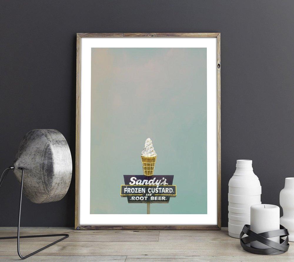 Framed museum print of Sandys Ice Cream frozen custard sign in Austin Texas with soft pastel background