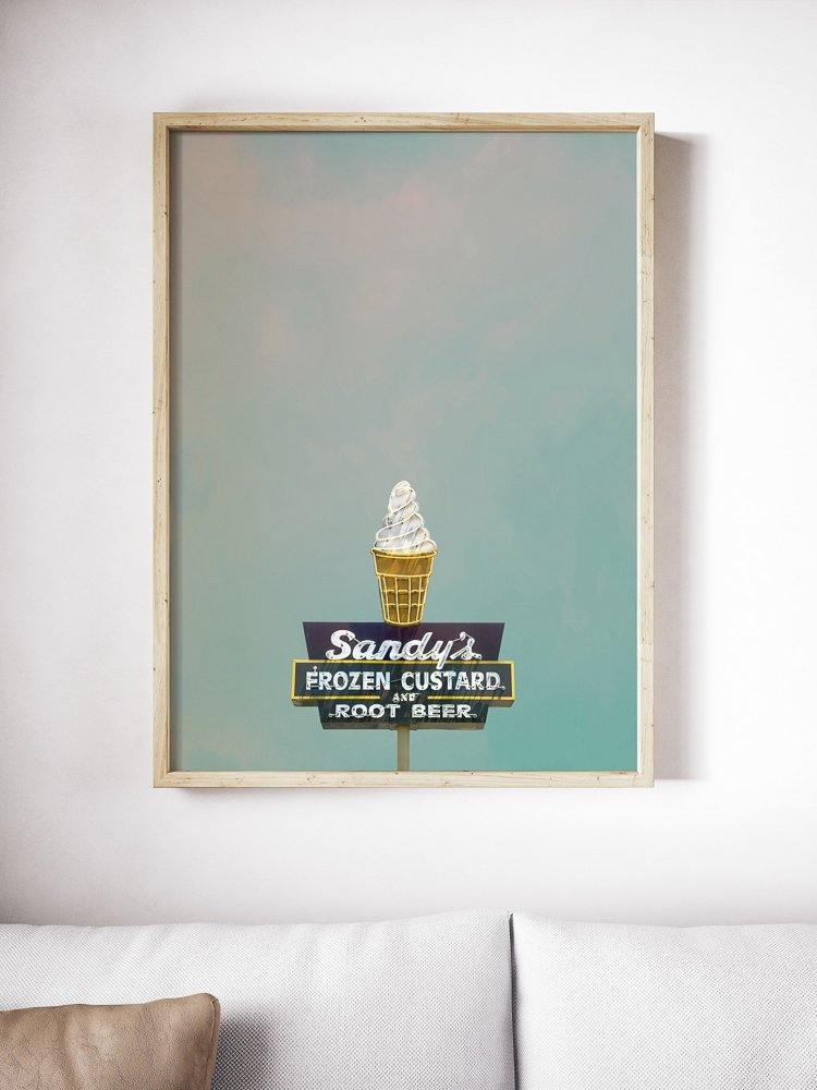 Framed museum print of Sandys Ice Cream frozen custard sign from Austin Texas with ice cream cone on top