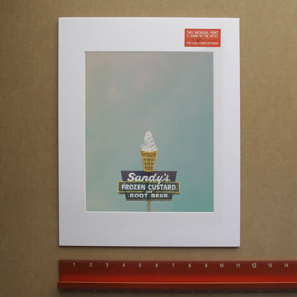 Archival print of Sandys Ice Cream Austin Texas sign featuring frozen custard cone and root beer advertisement